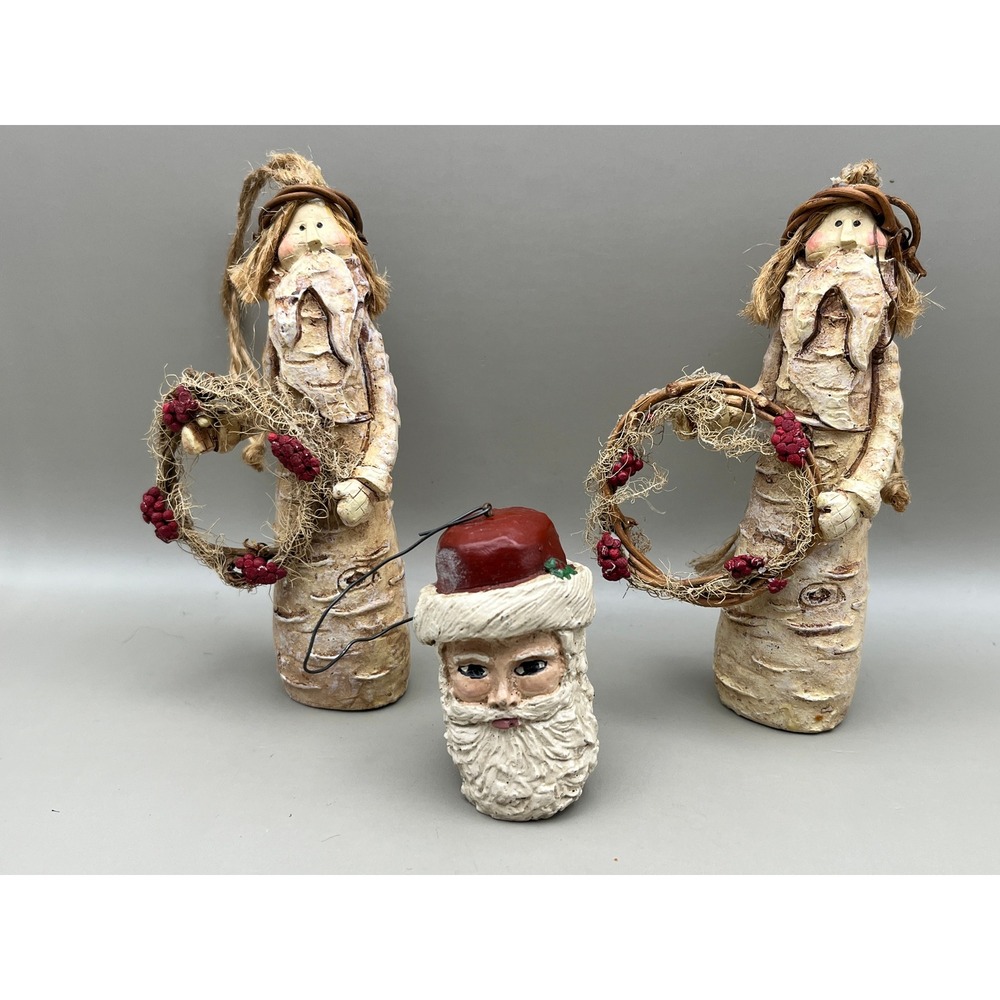 Rustic Birch Bark Santa Christmas Ornament Set of 3 Folk Art Wreath Primimtive